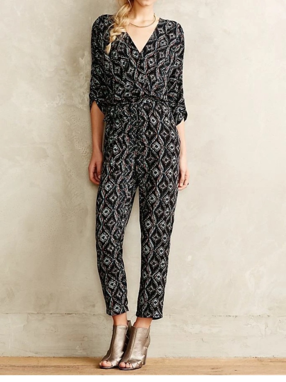 elevenses Black Printed V-Neck Jumpsuit with Geometric Pattern